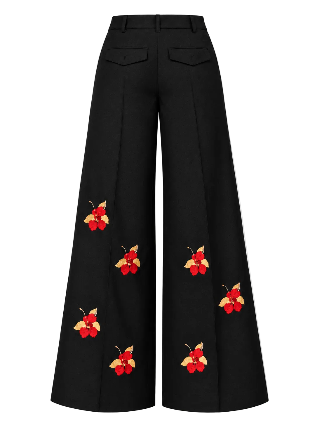 Black wide-leg trousers with embroidered red and yellow floral motifs on the lower legs